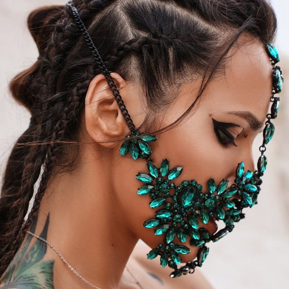 Green Crystal Face Mask Halloween Mask Women Masquerade Rhinestone Face Jewelry - Picture 3 of 7